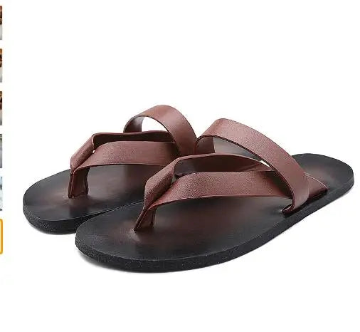 Outside Men's Slippers  Flat  With Beach Fashion Genuine Leather Summer Flip Flops Sewing Solid Men Shoes