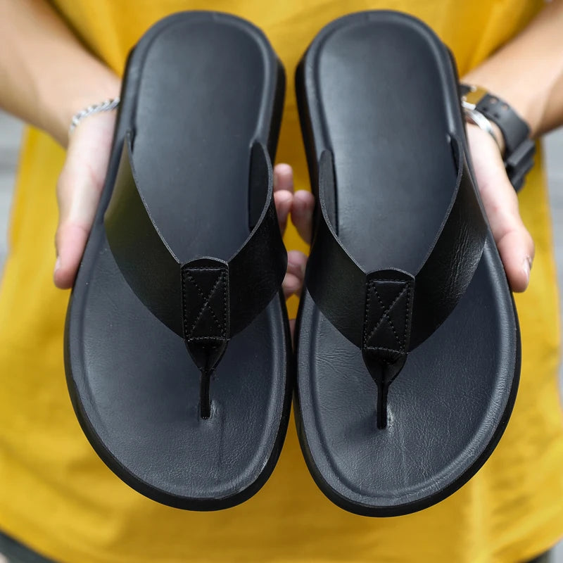 Size 38-47 New Italian Leather Flip-flops For Men Casual Cool Beach Summer Shoes Hotel Slippers Man Light Flats Luxe Men's Shoes