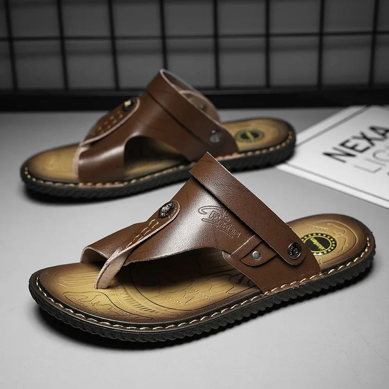 Italian Breathable Soft Bottom Flip Flops 2025 New Men Summer Outdoor Antiskid Beach Sandals Casual Leather Plus Big Size 47