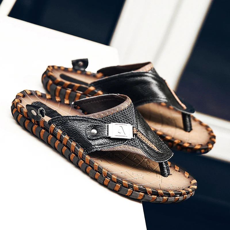 Genuine Leather Mens Slippers Summer Handmade Breathable Outdoor Beach Slipper High Quality Casual Leisure Slippers Flip-Flops