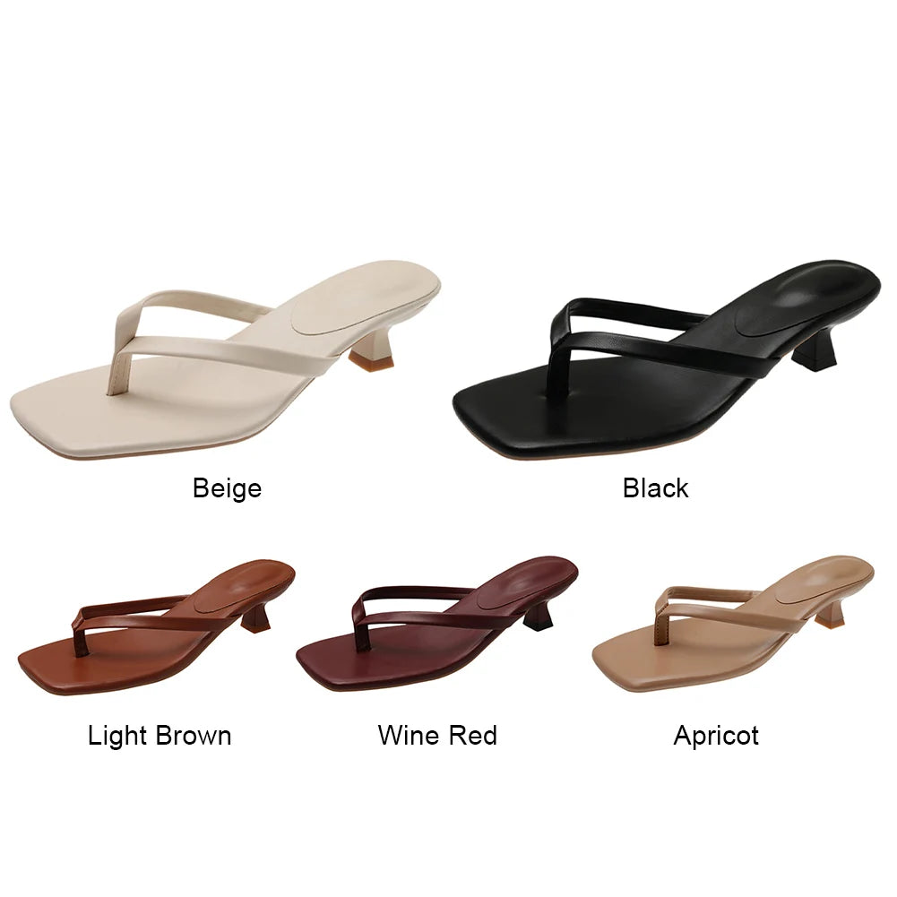 Women Stiletto Square Toe Sandals Solid Color Casual Flip-Flops PU Leather Thin Heel Flip Flops for Seaside Beach Travel