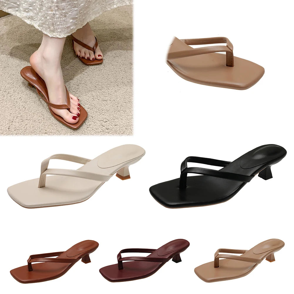 Women Stiletto Square Toe Sandals Solid Color Casual Flip-Flops PU Leather Thin Heel Flip Flops for Seaside Beach Travel