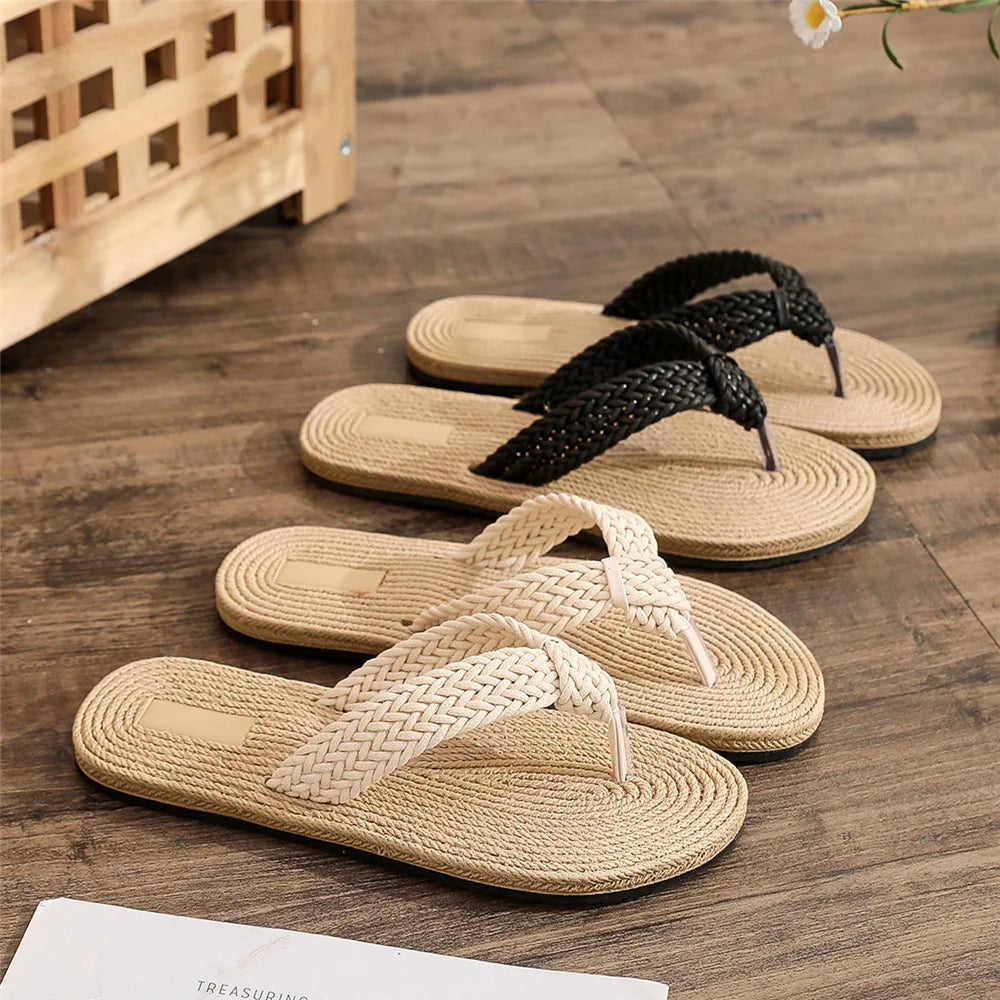 Summer new imitation hemp rope travel hemp bottom women's sandals wear flip-flops beach flat bottom pinch slippers